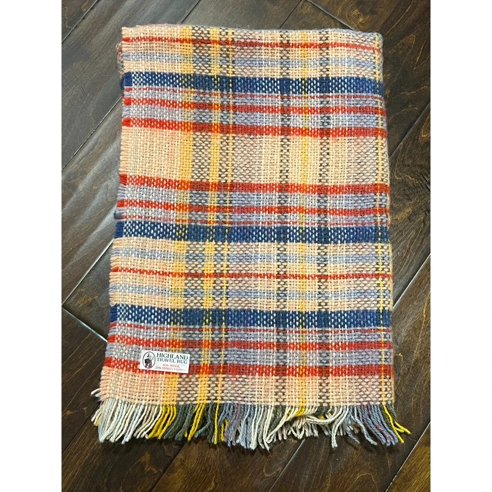 Vintage Highland Travel Rug Wool Plaid Blanket Fringe Camp Throw UK Made 60x42
